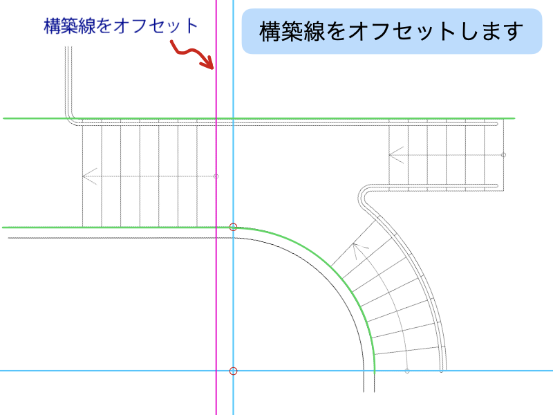 建築CAD検定３級階段平面図過去問題練習　構築線のオフセット