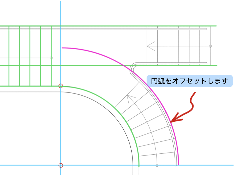 建築CAD検定３級階段平面図過去問題練習　円弧のオフセット