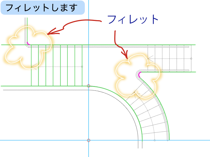 建築CAD検定３級階段平面図過去問題練習　階段の外側をフィレット