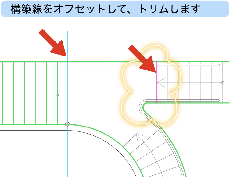 建築CAD検定３級階段平面図過去問題練習　構築線をオフセット