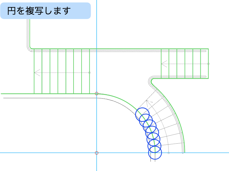 建築CAD検定３級階段平面図過去問題練習　円弧に沿って放射状に踏板を作図
