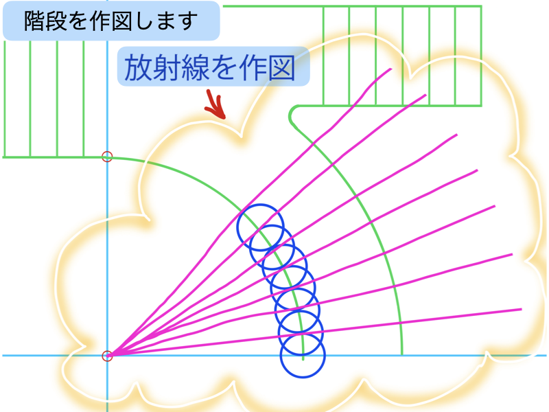 建築CAD検定３級階段平面図過去問題練習　円弧に沿って放射状に踏板を作図