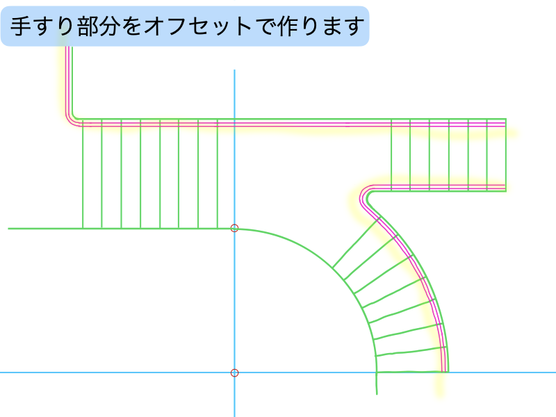 建築CAD検定３級階段平面図過去問題練習　　手すりのオフセット